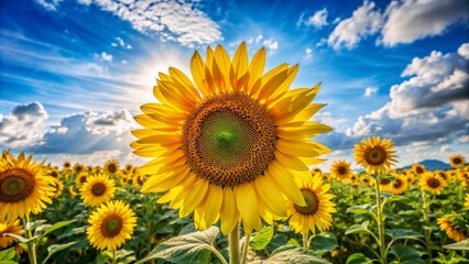 Obraz premium Close-up of a single sunflower in a vibrant field under a bright blue sky with sunny clouds