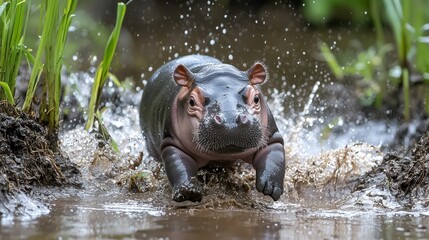 Adorable Baby Pygmy Hippo Having Fun Sliding into Water Splash