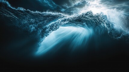 Fototapeta premium A dramatic ocean wave captured in dark blues and light, showcasing nature's power.