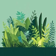 Lush tropical foliage with various green leaves, stems, and textures against a light blue background.