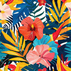 A vibrant and colorful illustration of tropical flowers, leaves, and plants
