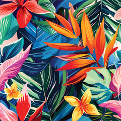 A vibrant and colorful illustration of tropical flowers, leaves, and plants