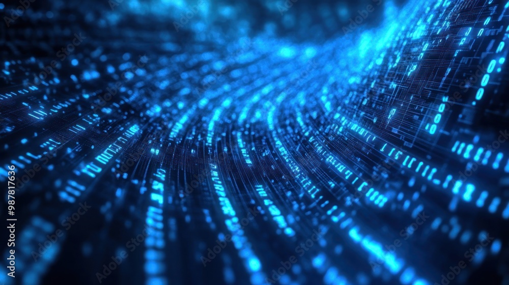 Poster abstract digital landscape with flowing binary code in blue tones.