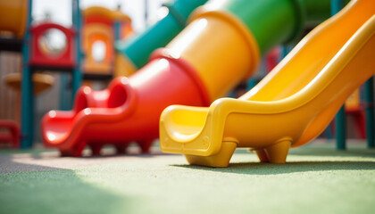 Close-up of vibrant children’s slides, highlighting safety and fun in a playful environment.






