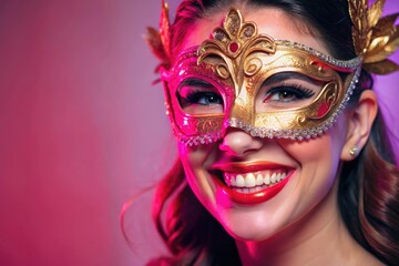 Happy smiling woman wearing a colorful mask against a vibrant background. Generative AI