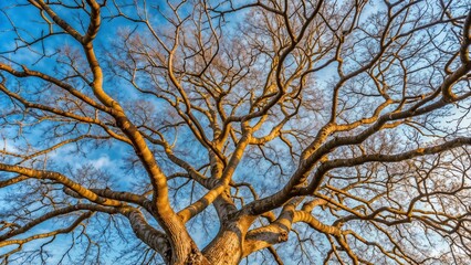 Fototapeta premium Bare branches of a tree against a clear blue sky during the late autumn afternoon