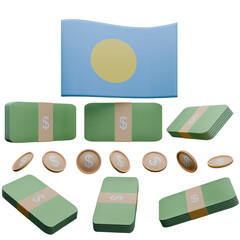 3D render illustration of Palau flag and currency called US Dollar