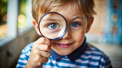 Child holding a magnifying glass to his eye with a cheerful expression in a bright indoor setting