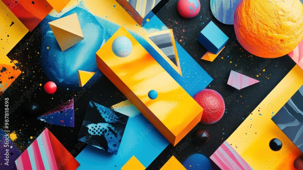 Poster Abstract Composition of Geometric Shapes and Spheres in Vibrant Colors