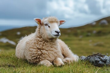 Fototapeta premium White sheep laying in grassy field with hills and cloudy sky in background