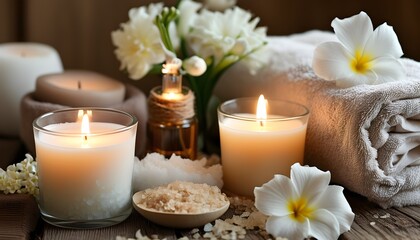 Tranquil Spa Retreat with Candles, Luxurious Towels, and Elegant White Flowers