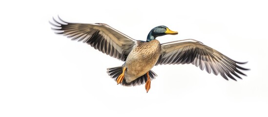 Fototapeta premium Mallard Duck in Flight Against White Background