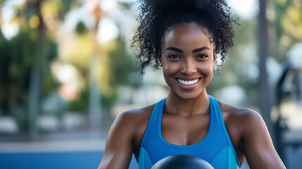 Fototapeta premium Joyful fitness enthusiast enjoying outdoor workout while holding a medicine ball during sunny day