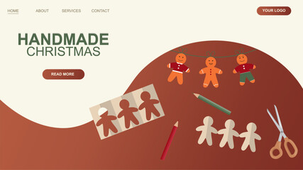 Handmade Christmas Website Design. Festive homemade gingerbread man garland banner. Sustainability concept