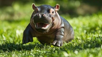 Fototapeta premium Happy Baby Pygmy Hippo Enjoying a Slide Down a Grassy Slope