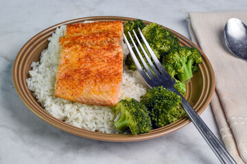 barbecue salmon with rice and  broccoli