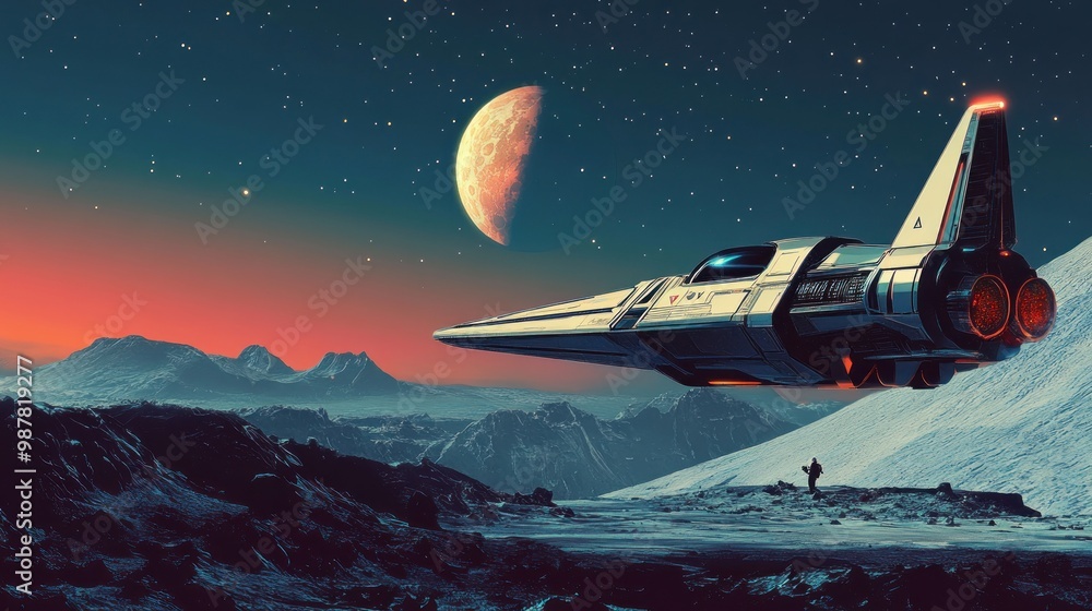 Poster a futuristic spacecraft on a distant planet with a large moon in the starry sky.