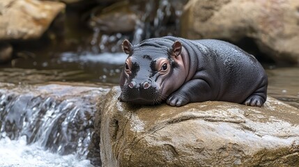 Fototapeta premium Serene Baby Pygmy Hippo Lounging on Rock by Ocean Waves