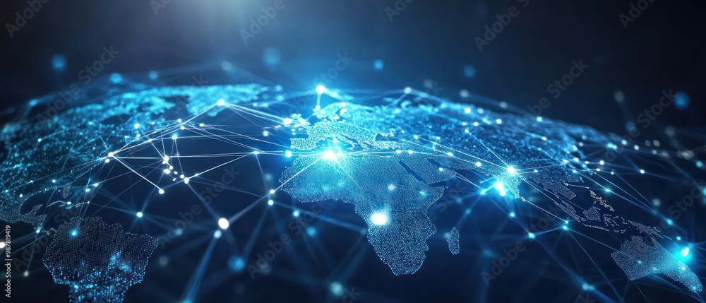 Aufkleber a digital representation of a global network with interconnected nodes and data flow.