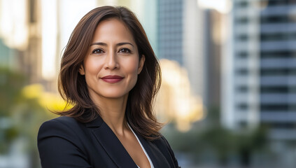 Fototapeta premium A confident middle-aged Hispanic woman stands in a modern cityscape in golden afternoon light