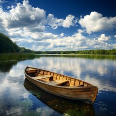Obraz premium Wooden boat floating gently on tranquil small lake picture