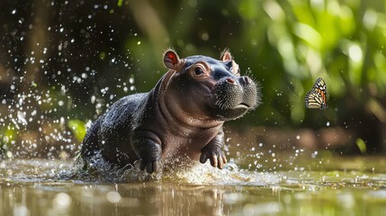 Playful Baby Pygmy Hippo Splashing Water and Chasing Butterfly on Sunny Day