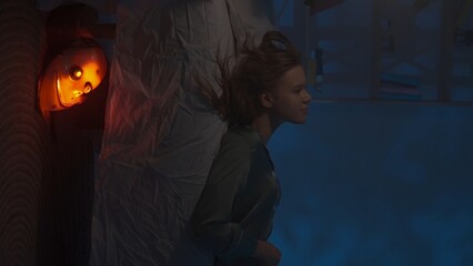 Woman sitting on the bed in dark apartment room, falls on the bed, creepy monster with lighted face...