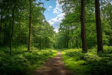 Sunbeams Through Trees in Lush Forest with Path, Nature Background