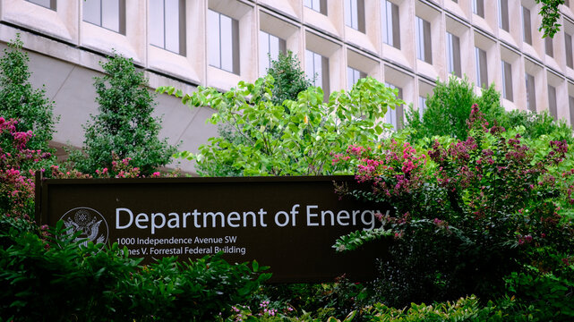 U.S. Department of Energy sign in front of the agency headquarters building in Washington, DC. - 16x9 Aspect