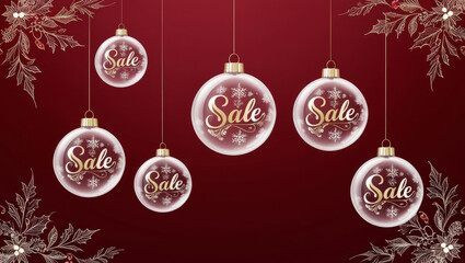Special offer, Christmas sale, "Sale" text inside glass Christmas balls on red background. AI generated