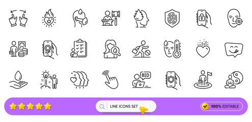 Sick man, Fever and Online auction line icons for web app. Pack of Heart flame, Yummy smile, Leadership pictogram icons. Checklist, Stress, Auction signs. Heart, Yoga, Moisturizing cream. Vector