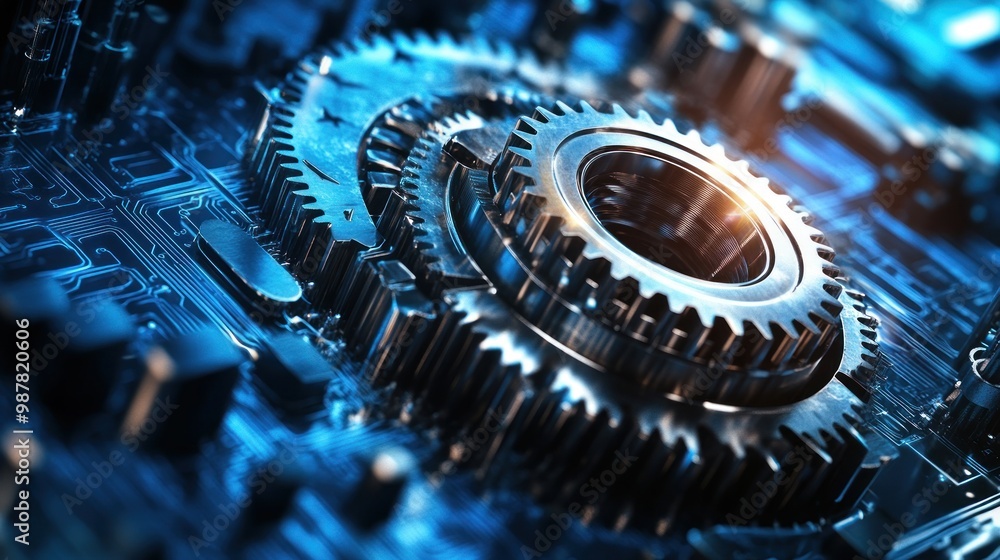 Aufkleber a close-up of interlocking metallic gears on a digital circuit background.