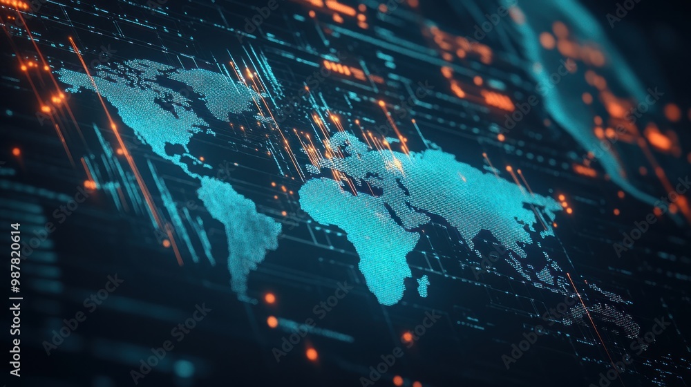 Aufkleber a digital world map with glowing data lines, representing global connectivity and technology.