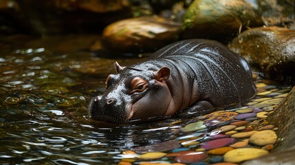 Fototapeta premium Serene Baby Pygmy Hippo Relaxing by a Tranquil Stream with Colorful Stones - Peaceful Wildlife Scene