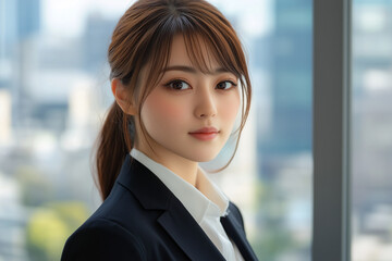 A young professional woman in business attire standing confidently in a modern office setting