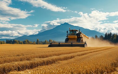 Fototapeta premium A combine harvester works in a field of wheat in a rural landscape with a mountain backdrop.