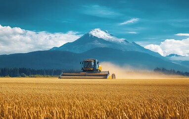 Naklejka premium A combine harvester works a field of golden wheat under a bright blue sky with a mountain peak in the background.