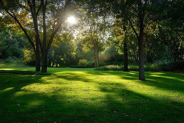 Obraz premium Sunlight shining through trees in a green grassy meadow. Peaceful and relaxing landscape.