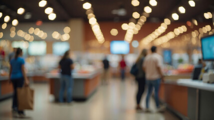 Fototapeta premium Blurred view of the interior of a supermarket with fuzzy figures of customers and shelves filled with goods. Focus on bokeh effect, highlighting the lively atmosphere of the retail space