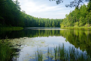 Tranquil lake surrounded by lush greenery, reflecting the blue sky, serene nature scene