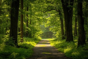 Obraz premium Sunbeams through trees in a green forest. Path leading into the woods. Concept of nature, peace, tranquility, relaxation, and escapism