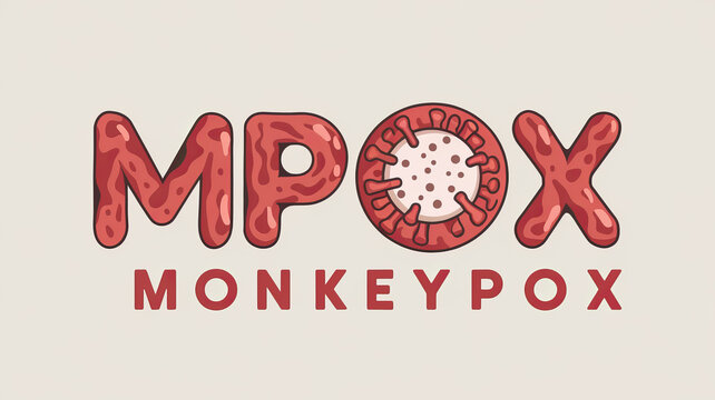 Stylized MPOX text with a virus graphic, representing monkeypox..