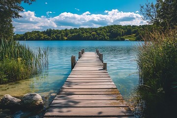 Obraz premium Wooden pier extending into tranquil lake with green forest and blue sky background