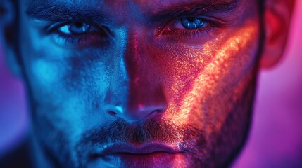 Naklejka premium Close-Up Portrait of Man in Dramatic Neon Lighting, Blue and Red Colors, Intense Facial Expression, Conceptual Photography