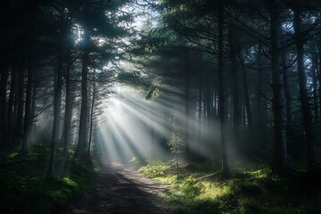 Fototapeta premium Sunlight rays shining through dense forest trees with a path leading into the woods. Magical and mystical nature scene