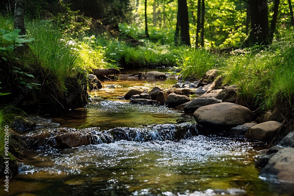 Poster sun shining through trees onto a stream in the forest. tranquil nature scene with flowing water and 