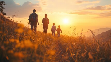 Fototapeta premium Family of four is hiking up a grassy hill at sunset