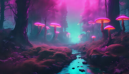 Obraz premium Mushrooms of different colors and sizes in the forest