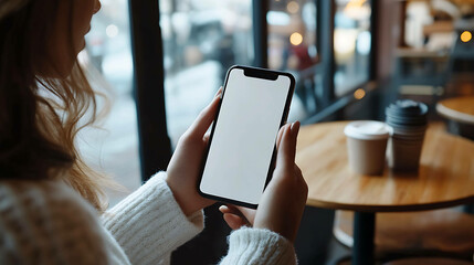 Woman in cafe holding a phone with blank screen.