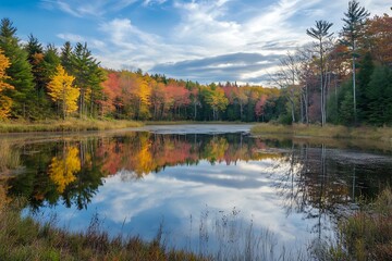 Fototapeta premium Tranquil autumn landscape with colorful trees reflecting in still lake water. Calm nature scene